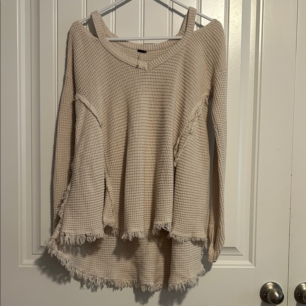 Free People Cream Off-the-Shoulder Fringe Sweater